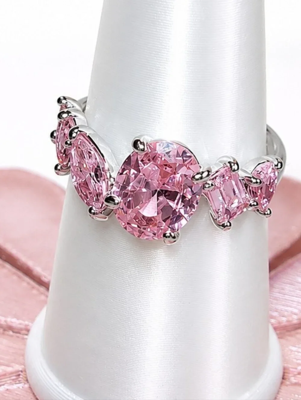 Bomb Party Pink Cluster Statement Ring Size 8 Rhodium Plated